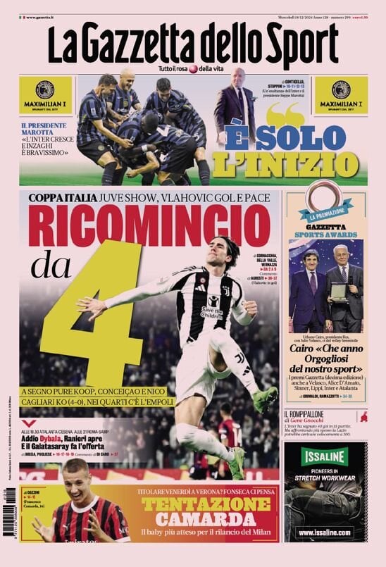 Gazzetta dello Sport prima pagina 
            Edizione di Oggi, Mercoledì 18 Dicembre 2024