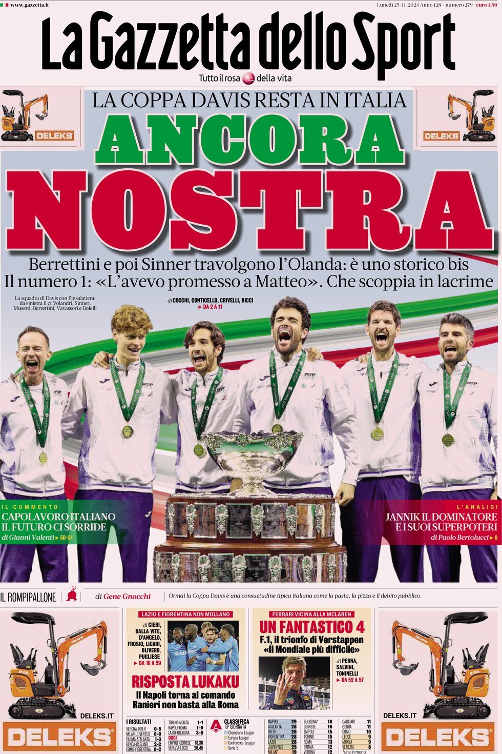 Gazzetta dello Sport prima pagina 
            Edizione di Ieri, Lunedì 25 Novembre 2024