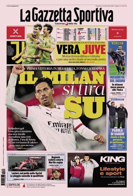 Gazzetta dello Sport prima pagina 
            Edizione di Oggi, Domenica 03 Novembre 2024