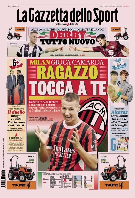 Gazzetta dello Sport prima pagina 
            Edizione di Oggi, Sabato 09 Novembre 2024