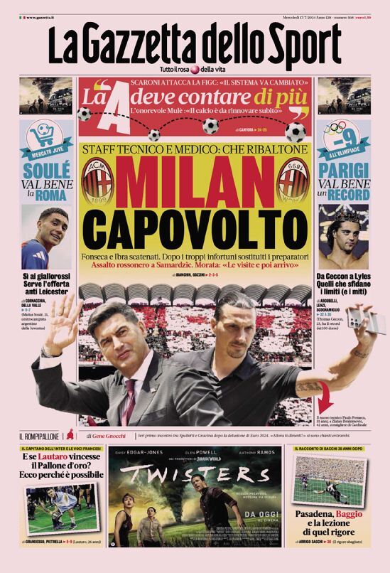 Gazzetta dello Sport Prima Pagina: Edizione di Oggi, Mercoledì 17 Luglio 2024