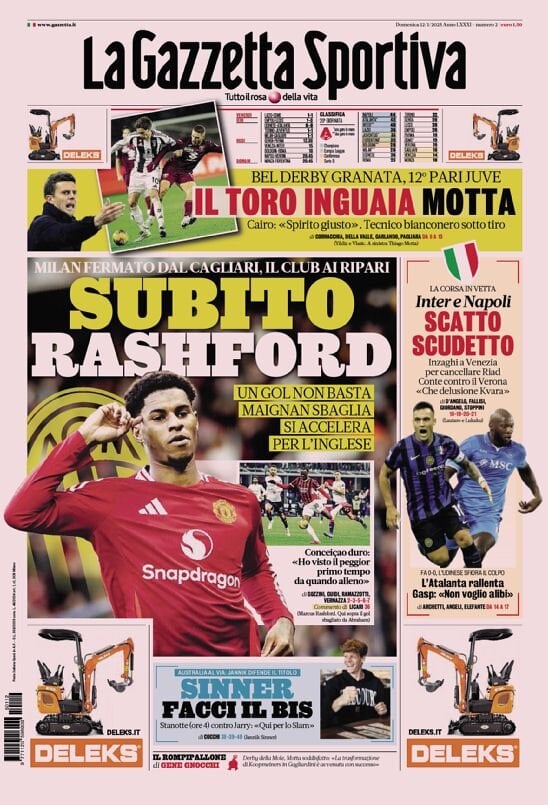 Gazzetta dello Sport prima pagina 
            Edizione di Oggi, Domenica 12 Gennaio 2025