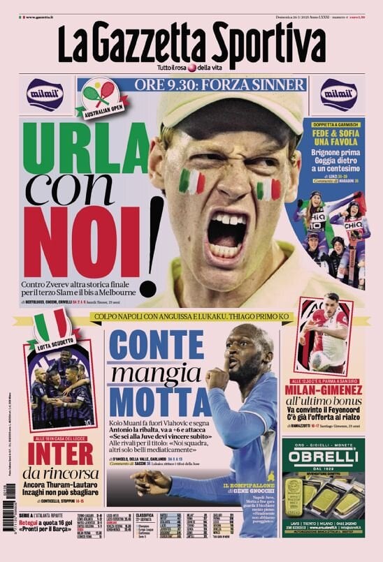 Gazzetta dello Sport prima pagina 
            Edizione di Oggi, Domenica 26 Gennaio 2025