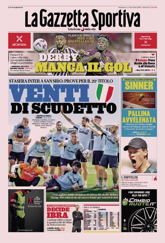 Gazzetta dello Sport prima pagina 
            Edizione di Oggi, Domenica 14 Aprile 2024