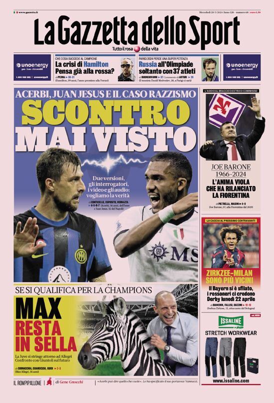 Gazzetta dello Sport prima pagina di oggi 
            Edizione di Oggi, Mercoledì 20 Marzo 2024