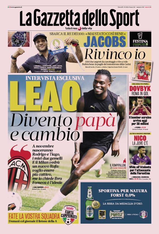 Gazzetta dello Sport prima pagina 
            Edizione di Oggi, Venerdì 02 Agosto 2024