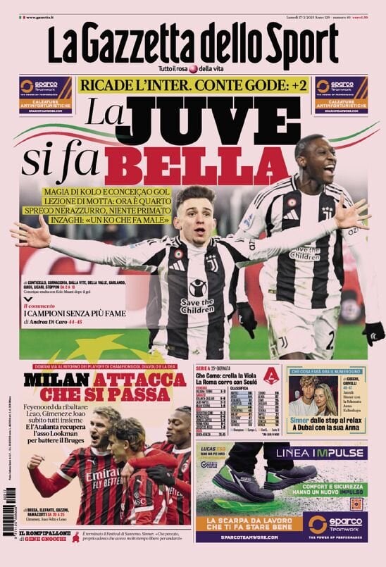 Gazzetta dello Sport prima pagina 
            Edizione di Oggi, Lunedì 17 Febbraio 2025