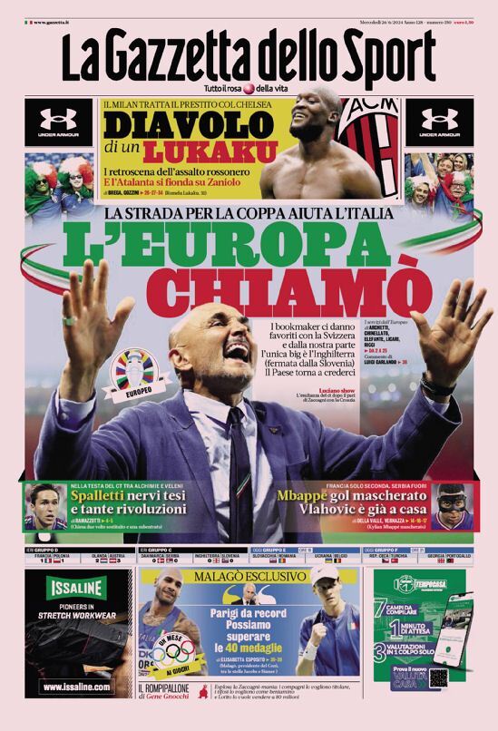 Gazzetta dello Sport prima pagina – Edizione di Oggi, Mercoledì 26 Giugno 2024