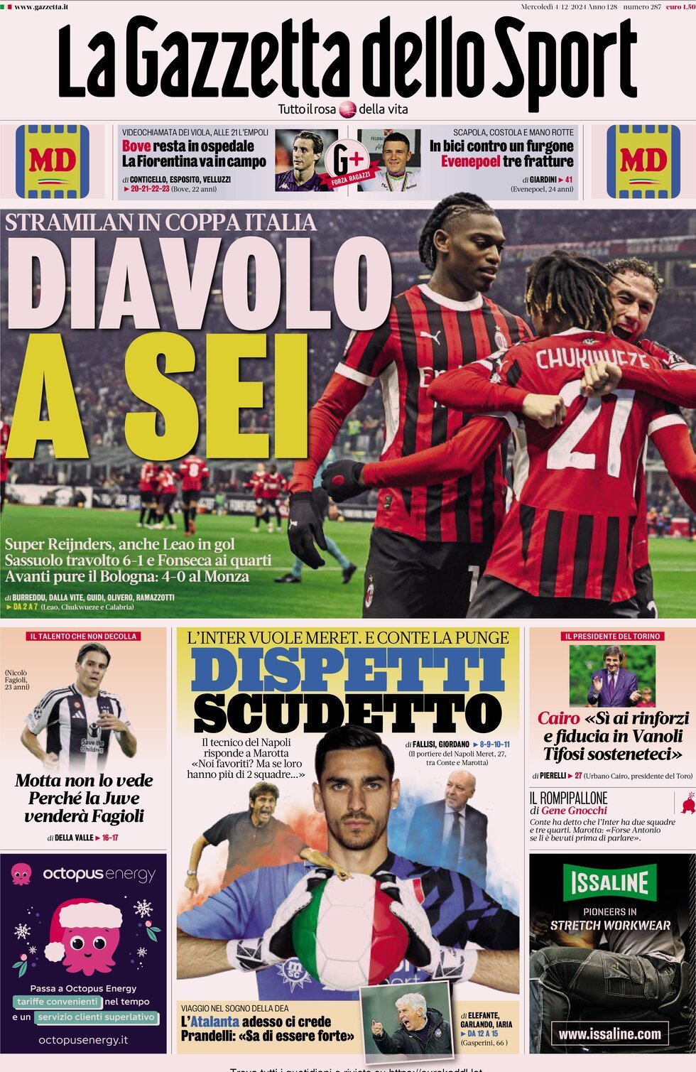 Gazzetta dello Sport prima pagina 
            Edizione di Ieri, Mercoledì 04 Dicembre 2024