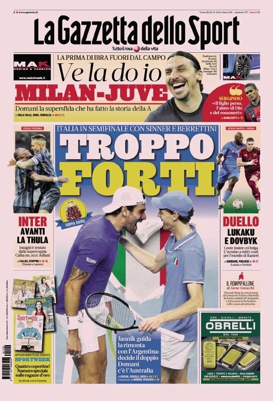 Gazzetta dello Sport prima pagina 
            Edizione di Oggi, Venerdì 22 Novembre 2024