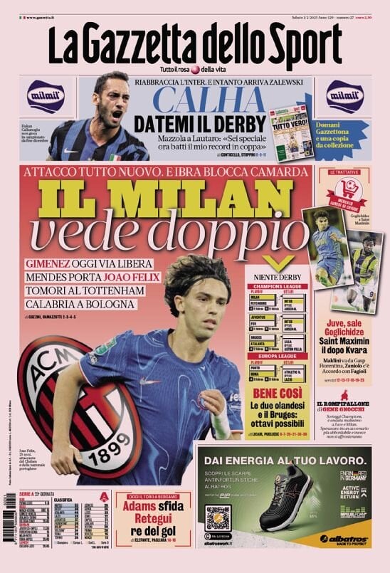 Gazzetta dello Sport prima pagina 
            Edizione di Oggi, Sabato 01 Febbraio 2025