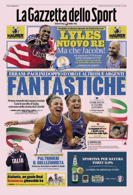 Gazzetta dello Sport prima pagina 
            Edizione di Oggi, Lunedì 05 Agosto 2024