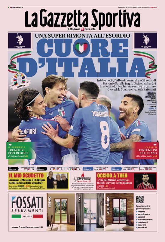 Gazzetta dello Sport Prima Pagina: Edizione di Domenica 16 Giugno 2024