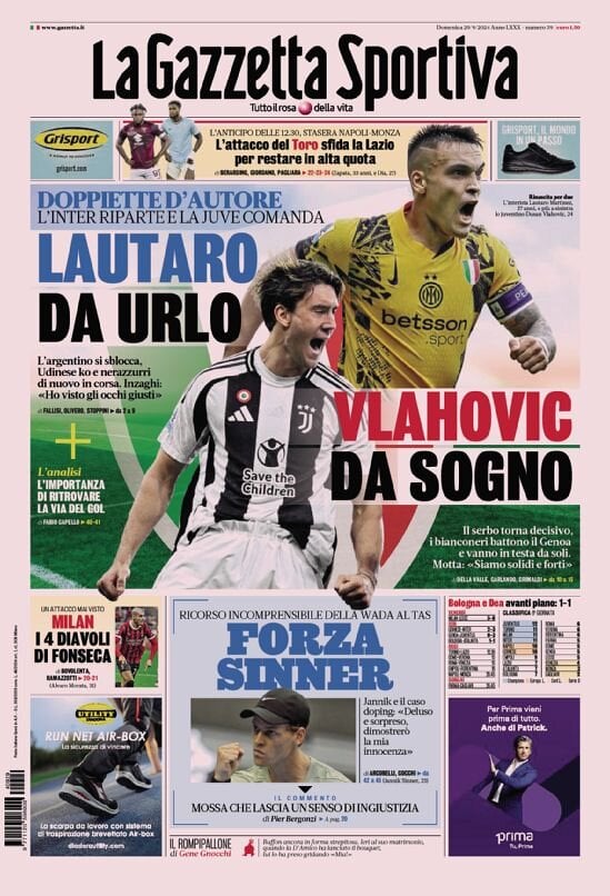 Gazzetta dello Sport prima pagina 
            Edizione di Oggi, Domenica 29 Settembre 2024