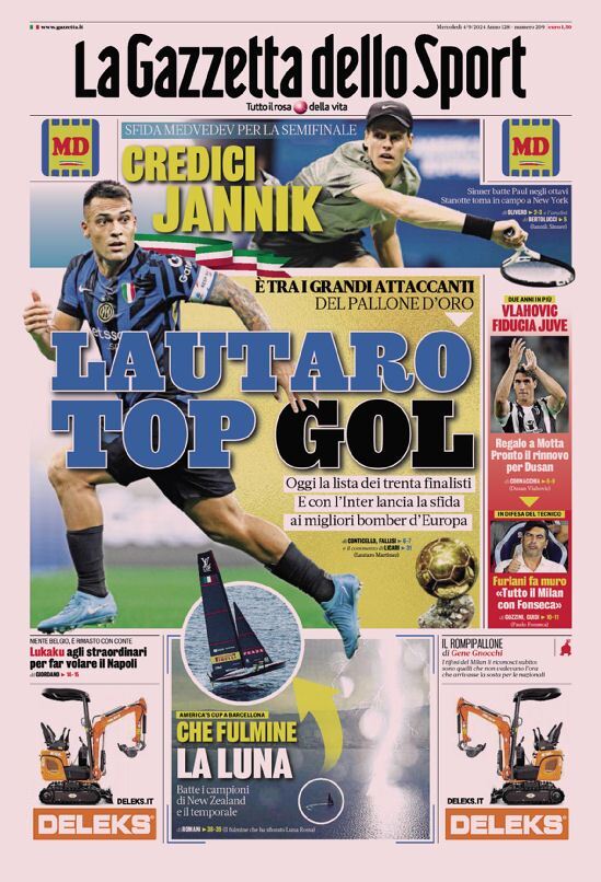 Gazzetta dello Sport prima pagina 
            Edizione di Oggi, Mercoledì 04 Settembre 2024