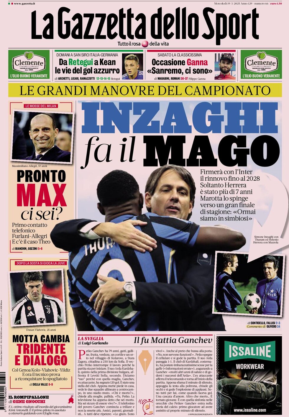 Gazzetta dello Sport prima pagina 
            Edizione di Ieri, Mercoledì 19 Marzo 2025