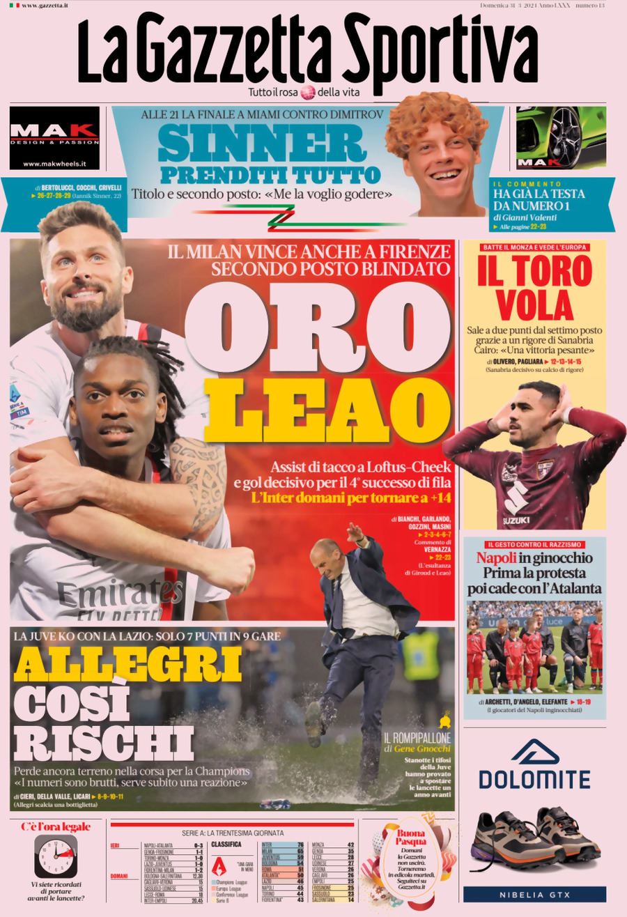 Prima pagina della Gazzetta dello Sport – Edizione di ieri, Domenica 31 Marzo 2024