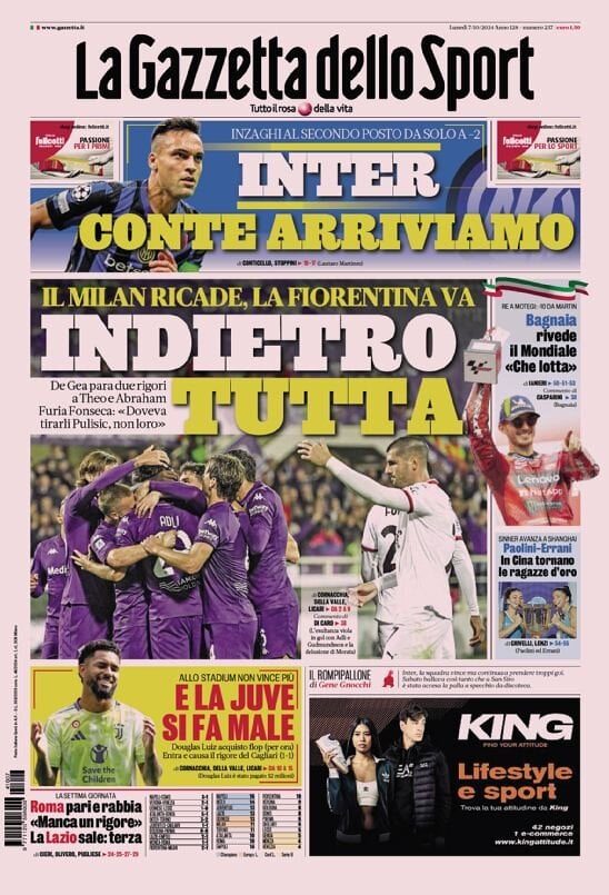 Gazzetta dello Sport prima pagina 
            Edizione di Oggi, Lunedì 07 Ottobre 2024