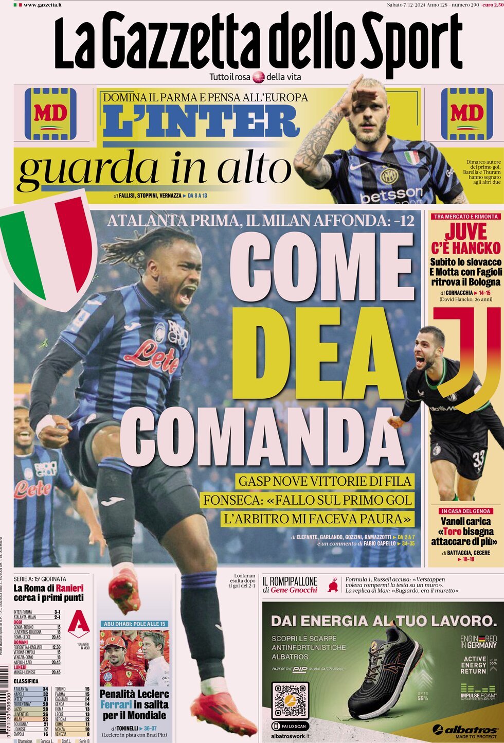 Gazzetta dello Sport prima pagina 
            Edizione di Oggi, Sabato 07 Dicembre 2024