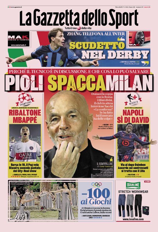 Gazzetta dello Sport prima pagina 
            Edizione di Oggi, Mercoledì 17 Aprile 2024