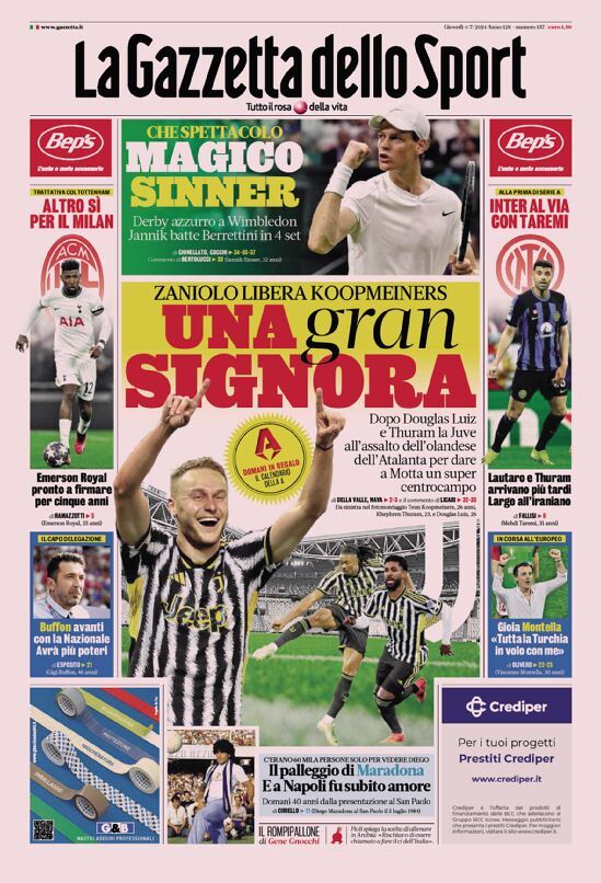 Gazzetta dello Sport Prima Pagina – Edizione di Oggi, Giovedì 04 Luglio 2024