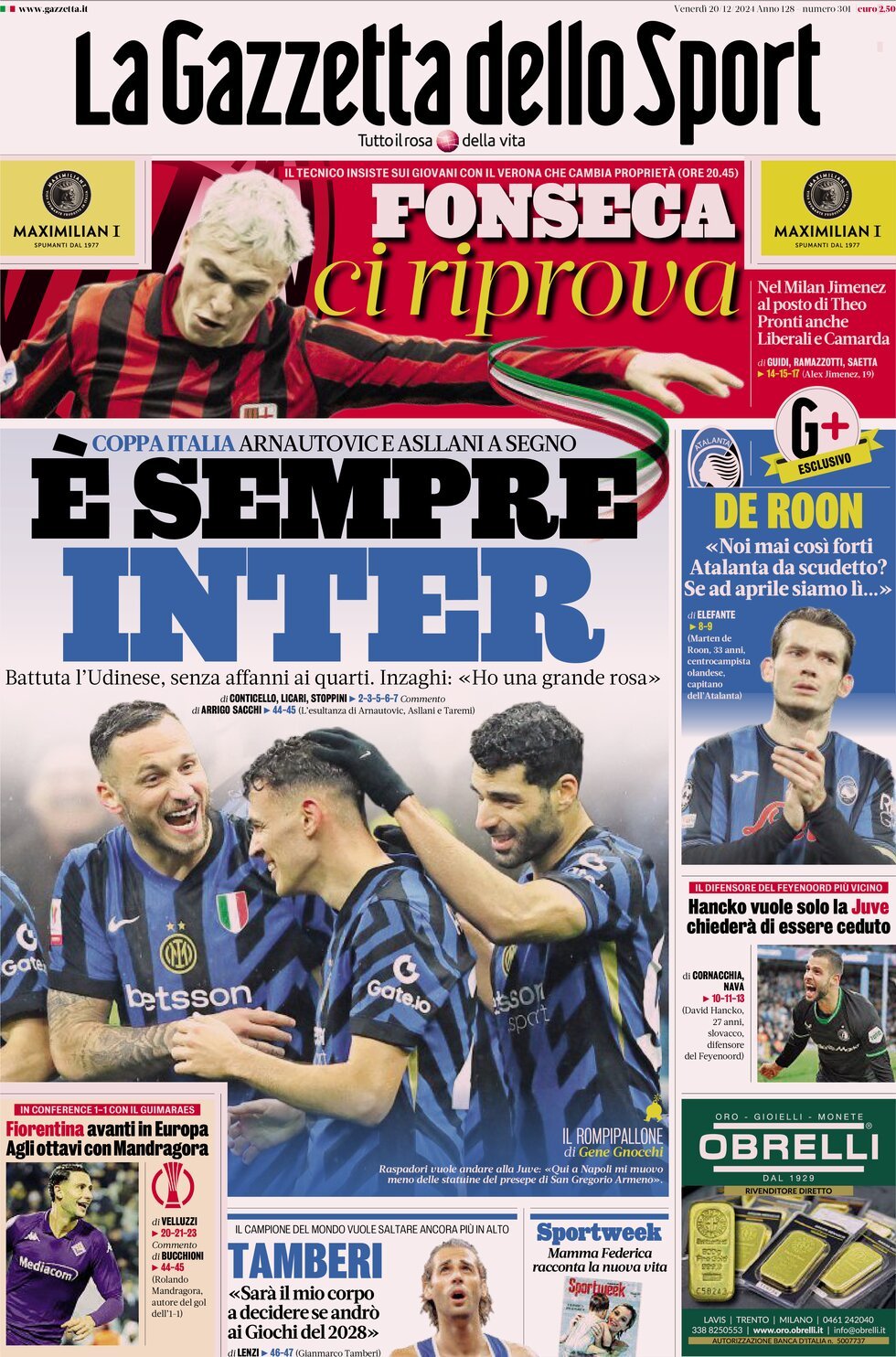 Gazzetta dello Sport prima pagina 
            Edizione di Oggi, Venerdì 20 Dicembre 2024