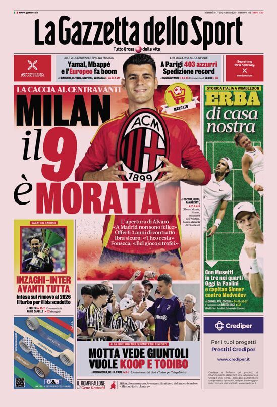 Gazzetta dello Sport: Prima Pagina di Martedì 09 Luglio 2024