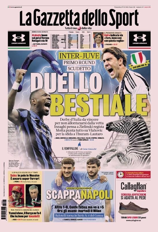 Gazzetta dello Sport prima pagina 
            Edizione di Oggi, Domenica 27 Ottobre 2024