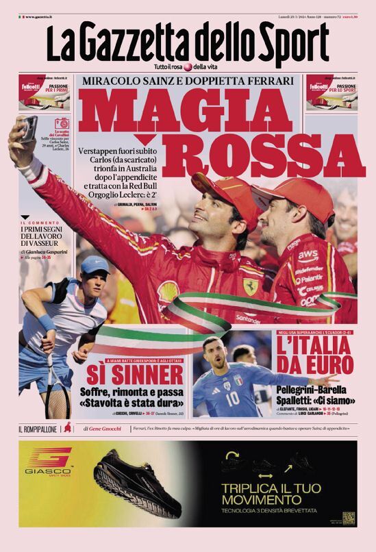 Gazzetta dello Sport prima pagina 
            Edizione di Oggi, Lunedì 25 Marzo 2024