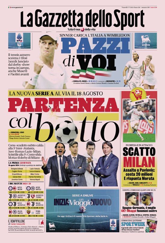 Gazzetta dello Sport Prima Pagina: Edizione di Oggi, Venerdì 05 Luglio 2024