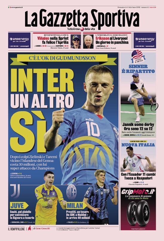 Gazzetta dello Sport prima pagina 
            Edizione di Oggi, Domenica 24 Marzo 2024