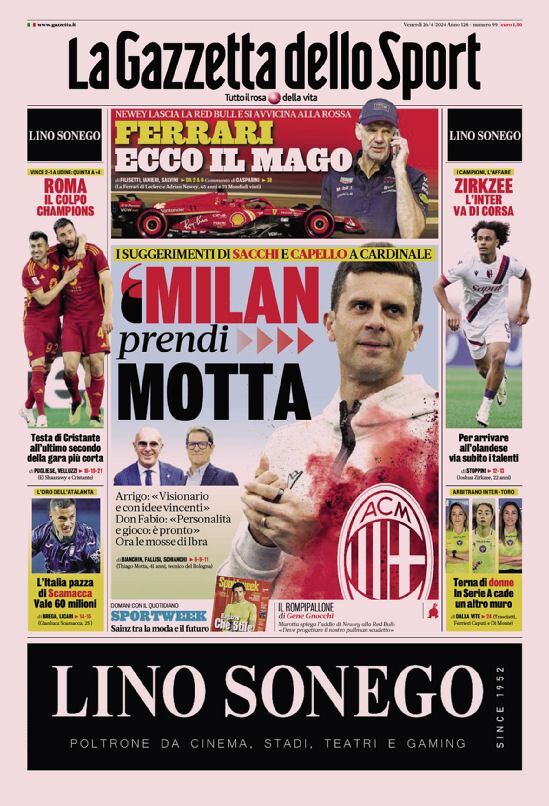 Gazzetta dello Sport prima pagina 
            Edizione di Oggi, Venerdì 26 Aprile 2024