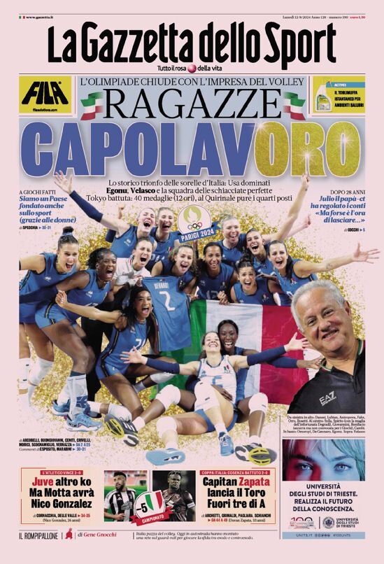 Gazzetta dello Sport Prima Pagina: Edizione di Oggi, Lunedì 12 Agosto 2024