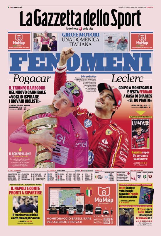 Gazzetta dello Sport prima pagina 
            Edizione di Oggi, Lunedì 27 Maggio 2024