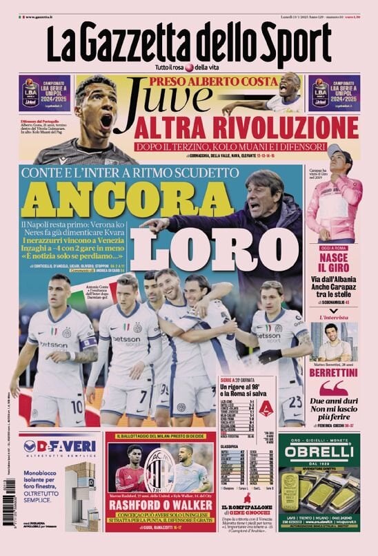 Gazzetta dello Sport prima pagina 
            Edizione di Oggi, Lunedì 13 Gennaio 2025