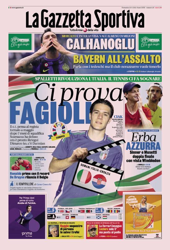 Gazzetta dello Sport: Prima Pagina dell’Edizione di Oggi, Domenica 23 Giugno 2024