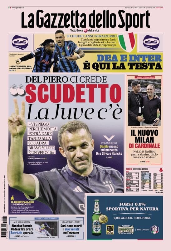 Gazzetta dello Sport prima pagina 
            Edizione di Oggi, Sabato 28 Dicembre 2024