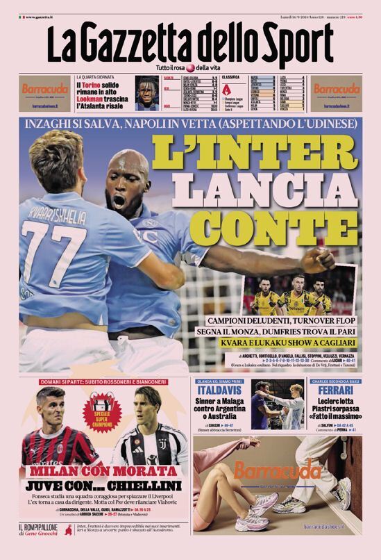 Gazzetta dello Sport prima pagina 
            Edizione di Oggi, Lunedì 16 Settembre 2024