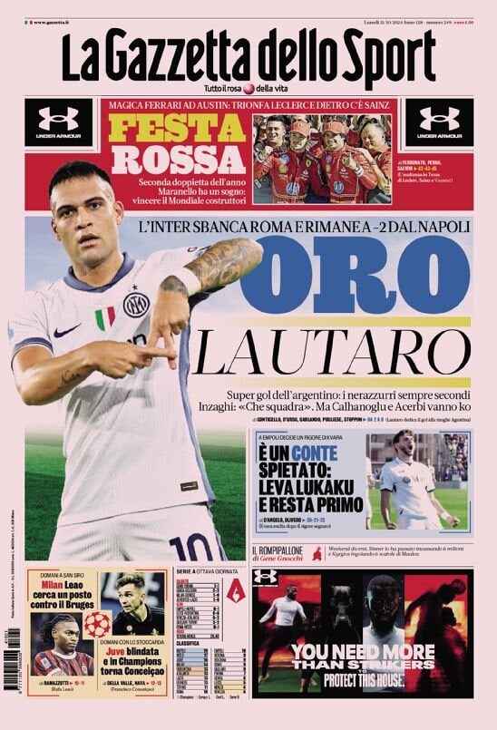 Gazzetta dello Sport prima pagina 
            Edizione di Oggi, Lunedì 21 Ottobre 2024