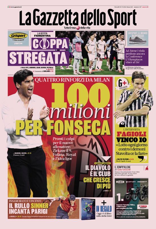 Gazzetta dello Sport prima pagina 
            Edizione di Oggi, Giovedì 30 Maggio 2024