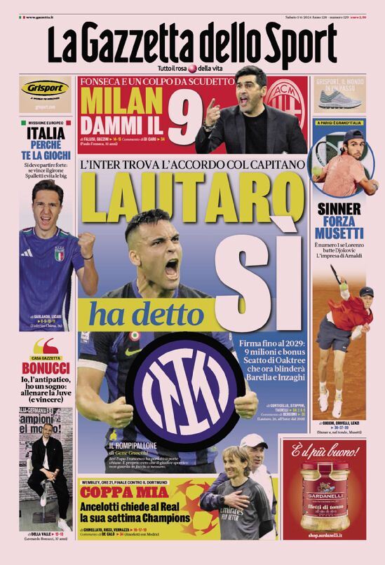 Gazzetta dello Sport prima pagina 
            Edizione di Oggi, Sabato 01 Giugno 2024