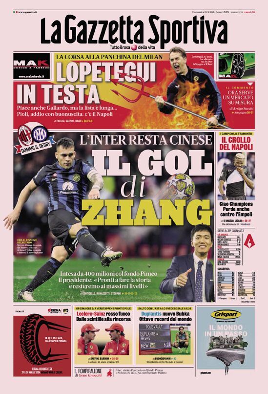 Gazzetta dello Sport prima pagina 
            Edizione di Oggi, Domenica 21 Aprile 2024