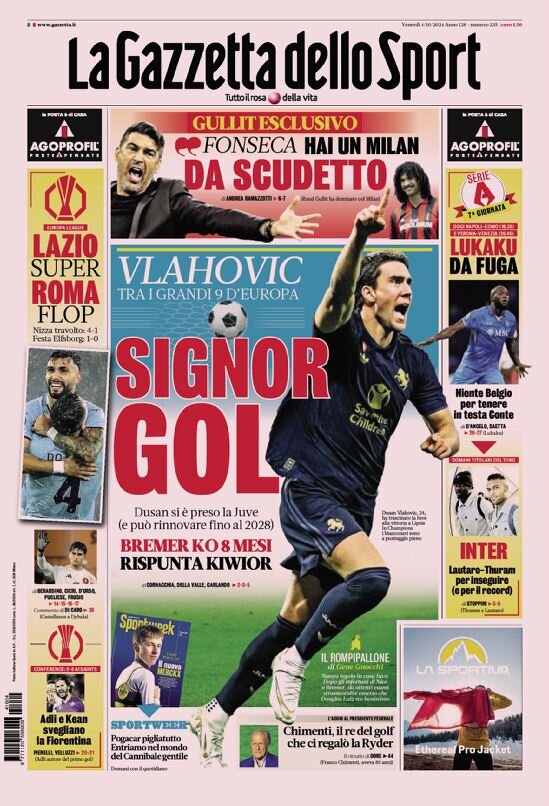 Gazzetta dello Sport prima pagina 
            Edizione di Oggi, Venerdì 04 Ottobre 2024