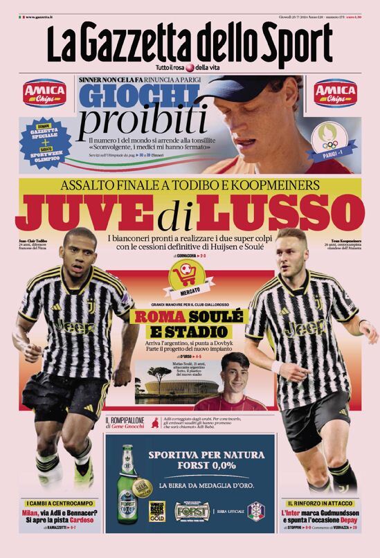 Gazzetta dello Sport prima pagina 
            Edizione di Oggi, Giovedì 25 Luglio 2024