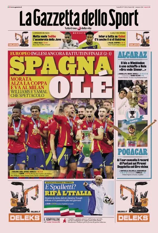 Gazzetta dello Sport prima pagina 
            Edizione di Oggi, Lunedì 15 Luglio 2024