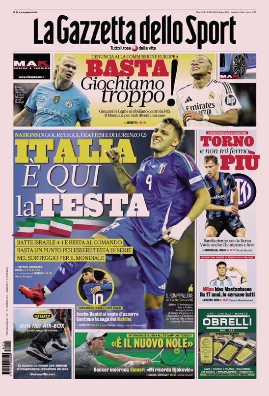 Gazzetta dello Sport prima pagina 
            Edizione di Oggi, Martedì 15 Ottobre 2024