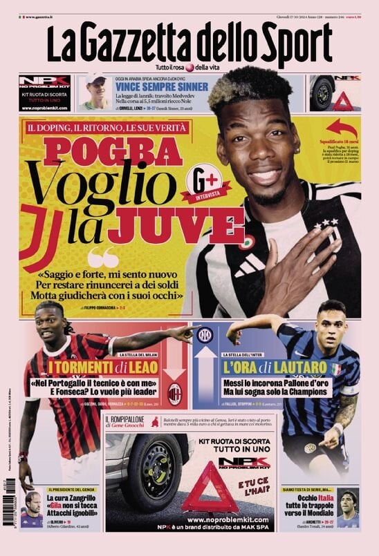 Gazzetta dello Sport prima pagina 
            Edizione di Oggi, Giovedì 17 Ottobre 2024