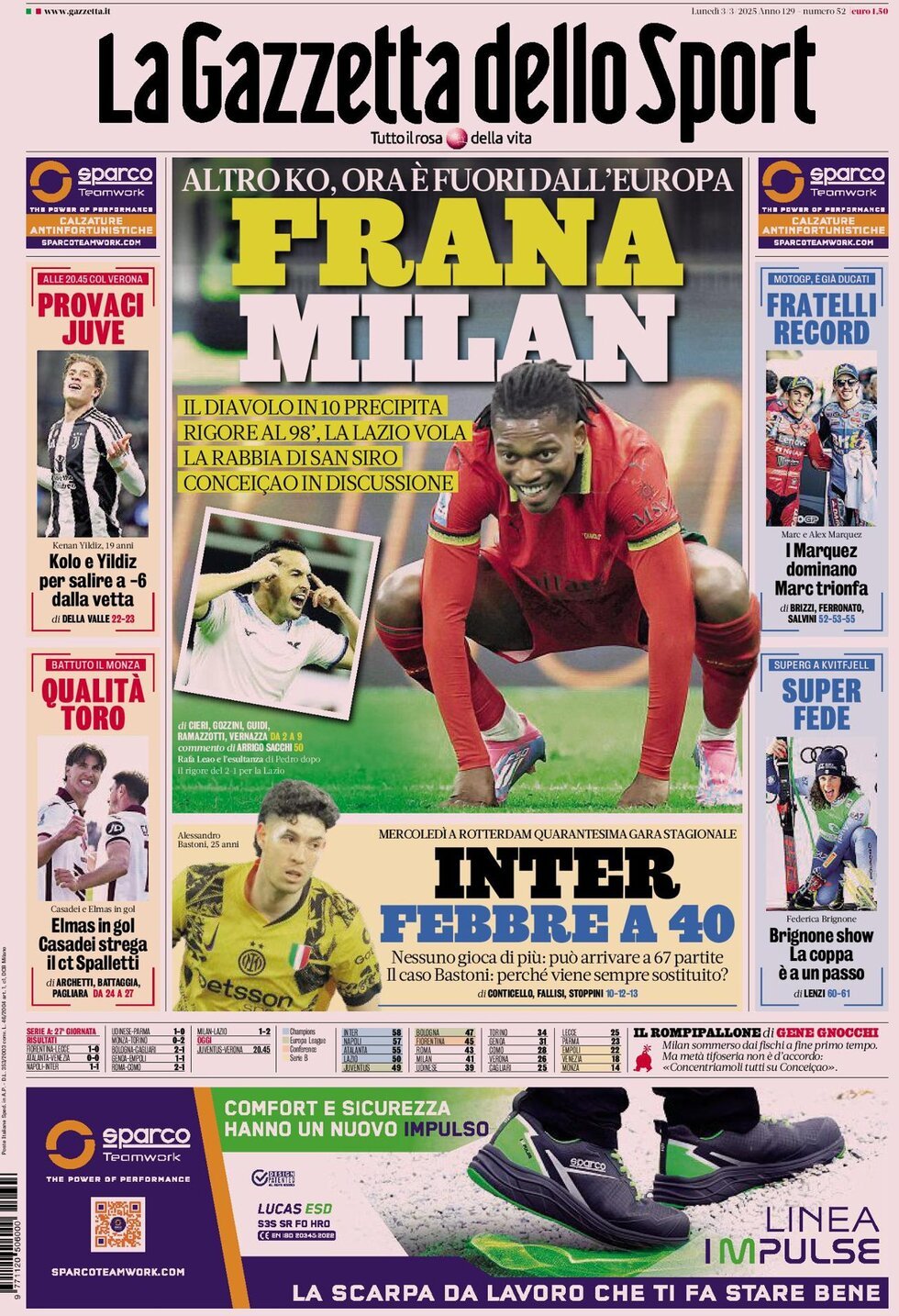 Gazzetta dello Sport prima pagina 
            Edizione di Ieri, Lunedì 03 Marzo 2025