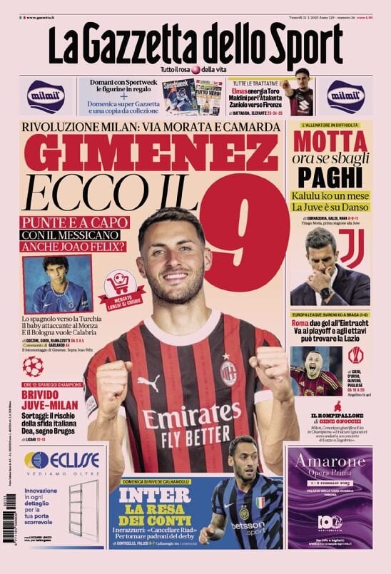 Gazzetta dello Sport prima pagina 
            Edizione di Oggi, Venerdì 31 Gennaio 2025