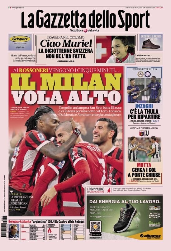 Gazzetta dello Sport prima pagina 
            Edizione di Oggi, Sabato 28 Settembre 2024